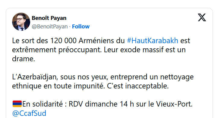 Le sort des 120 000 Arméniens du #HautKarabakh est extrêmement préoccupant. Leur exode massif est un drame.