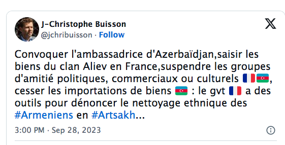Convoquer l&rsquo;ambassadrice d&rsquo;Azerbaïdjan,saisir les biens du clan Aliev en France, (…)