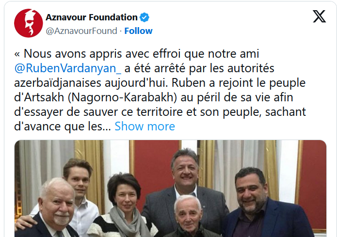 Nous avons appris avec effroi que notre ami @RubenVardanyan_  a été arrêté par les autorités azerbaïdjanaises aujourd&rsquo;hui.