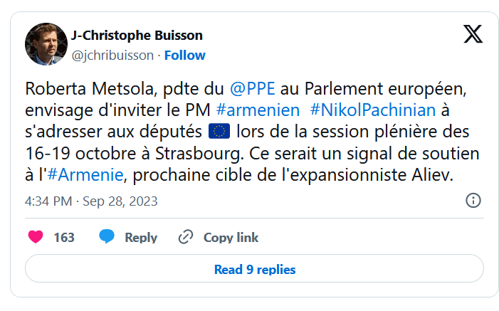 Roberta Metsola, pdte du @PPE  au Parlement européen, envisage d&rsquo;inviter le PM #armenien  #NikolPachinian à s&rsquo;adresser aux députés