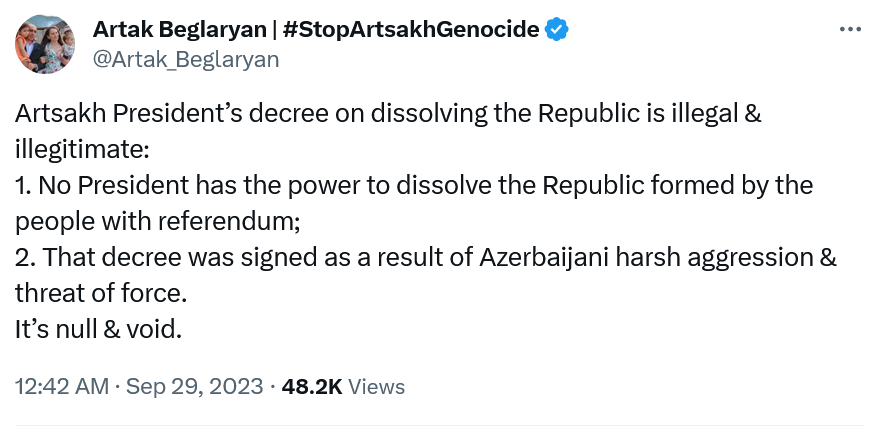 Le décret du président de l&rsquo;Artsakh sur la dissolution de la République est illégal et illégitime