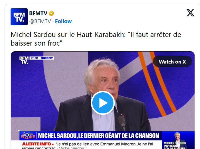 Michel Sardou sur le Haut-Karabakh: « Il faut arrêter de baisser son froc »