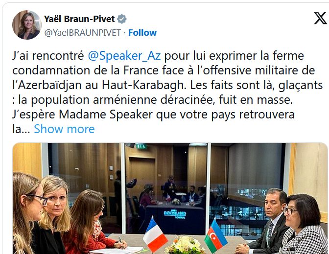 J’ai rencontré @Speaker_Az  pour lui exprimer la ferme condamnation de la France face à l’offensive militaire de l’Azerbaïdjan au Haut-Karabagh.