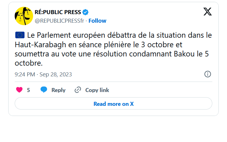 Le Parlement européen débattra de la situation dans le Haut-Karabagh en séance plénière le 3 octobre et soumettra au vote une résolution condamnant Bakou le 5 octobre.