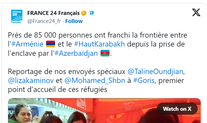 Près de 85 000 personnes ont franchi la frontière entre l&rsquo;#Arménie 🇦🇲 et le #HautKarabakh depuis la prise de l&rsquo;enclave par l&rsquo;#Azerbaïdjan 🇦🇿.