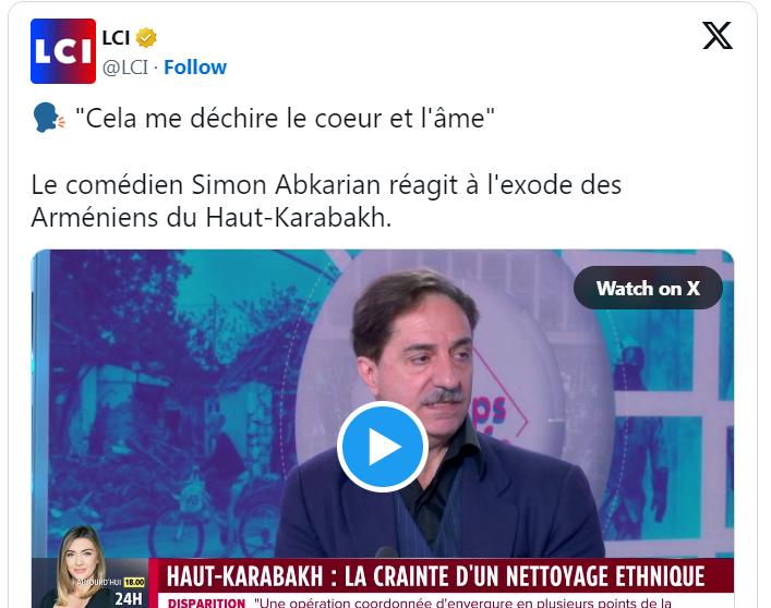 « Cela me déchire le coeur et l&rsquo;âme »  Le comédien Simon Abkarian réagit à l&rsquo;exode des Arméniens du Haut-Karabakh.