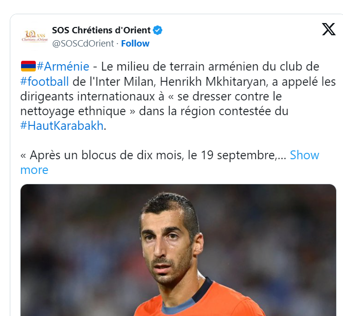 Le milieu de terrain arménien du club de #football de l&rsquo;Inter Milan, Henrikh Mkhitaryan, a appelé les dirigeants internationaux à « se dresser contre le nettoyage ethnique »