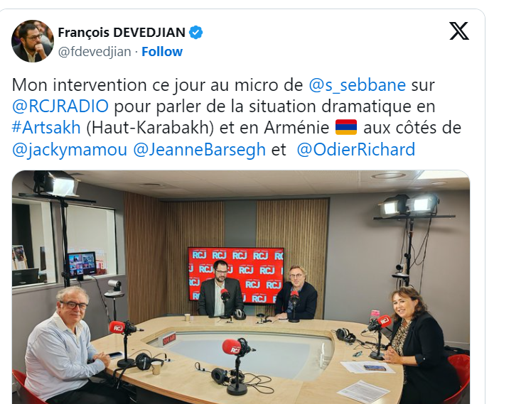 Mon intervention ce jour au micro de  @s_sebbane  sur ⁦ @RCJRADIO ⁩ pour parler de la situation dramatique en #Artsakh (Haut-Karabakh) et en Arménie
