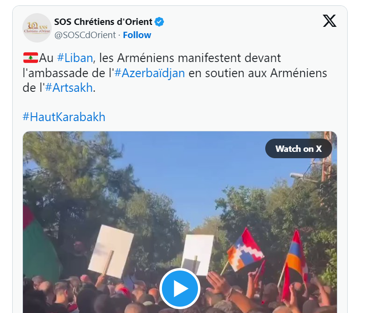🇱🇧Au #Liban, les Arméniens manifestent devant l&rsquo;ambassade de l&rsquo;#Azerbaïdjan en soutien aux Arméniens de l&rsquo;#Artsakh.