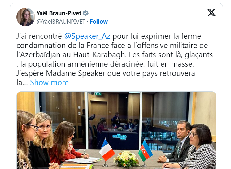 J’ai rencontré  @Speaker_Az  pour lui exprimer la ferme condamnation de la France face à l’offensive militaire de l’Azerbaïdjan au Haut-Karabagh