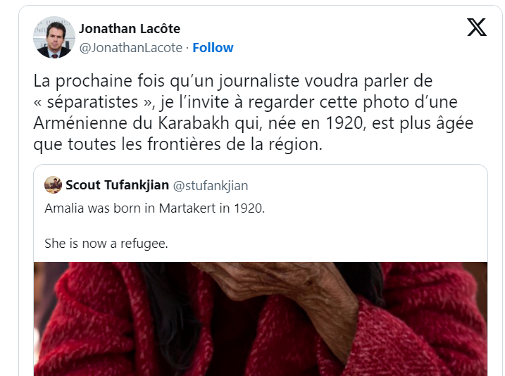 La prochaine fois qu’un journaliste voudra parler de « séparatistes », je l’invite à regarder cette photo d’une Arménienne du Karabakh qui, née en 1920, est plus âgée que toutes les frontières de la région.