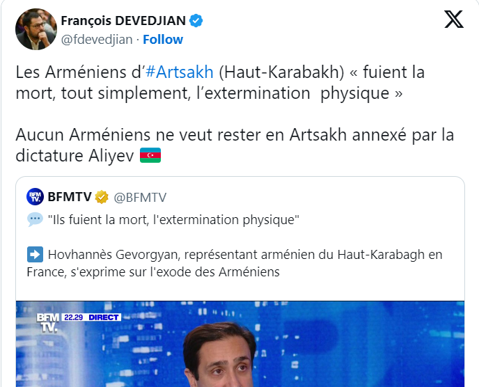 Les Arméniens d’#Artsakh (Haut-Karabakh) « fuient la mort, tout simplement, l’extermination  physique »