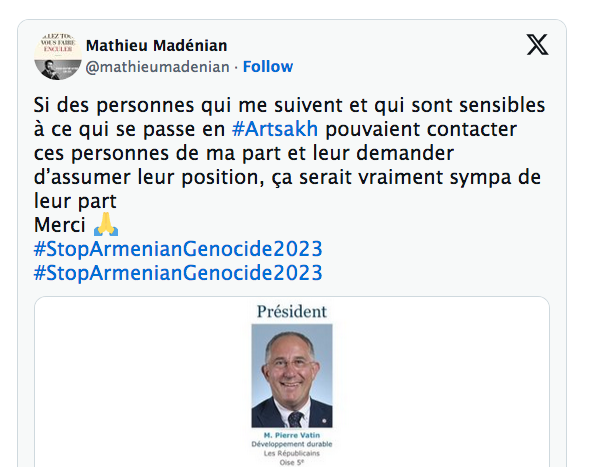Si des personnes qui me suivent et qui sont sensibles à ce qui se passe en #Artsakh pouvaient contacter ces personnes de ma part (…)
