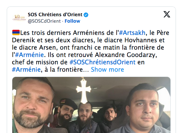Les trois derniers Arméniens de l&rsquo;#Artsakh, le Père Derenik et ses deux diacres, le diacre Hovhannes et le diacre Arsen, ont franchi ce matin la frontière de l&rsquo;#Arménie