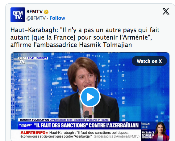 Haut-Karabagh: « Il n&rsquo;y a pas un autre pays qui fait autant [que la France] pour soutenir l&rsquo;Arménie », affirme l&rsquo;ambassadrice Hasmik Tolmajian