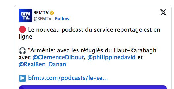« Arménie: avec les réfugiés du Haut-Karabagh » avec @ClemenceDibout , @philippinedavid  et @RealBen_Danan