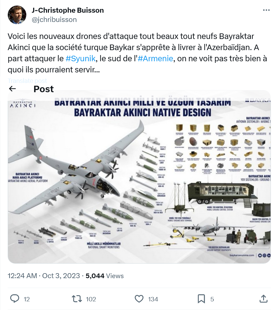 A part attaquer le #Syunik, le sud de l&rsquo;#Armenie, on ne voit pas très bien à quoi ces drones pourraient servir…