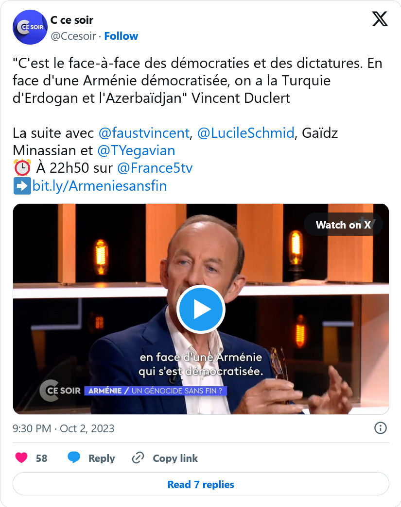 En face d&rsquo;une Arménie démocratisée, on a la Turquie d&rsquo;Erdogan et l&rsquo;Azerbaïdjan » Vincent Duclert