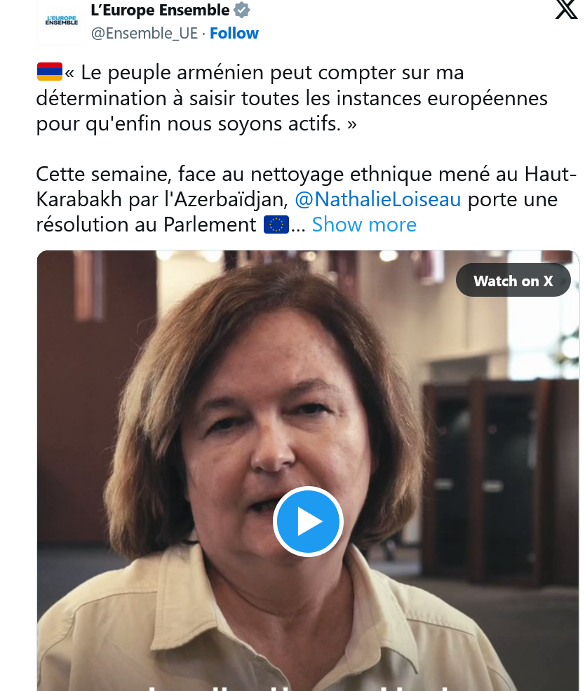 @NathalieLoiseau  porte une résolution au Parlement 🇪🇺 appelant à sanctionner le régime de Bakou et soutenant l&rsquo;Arménie