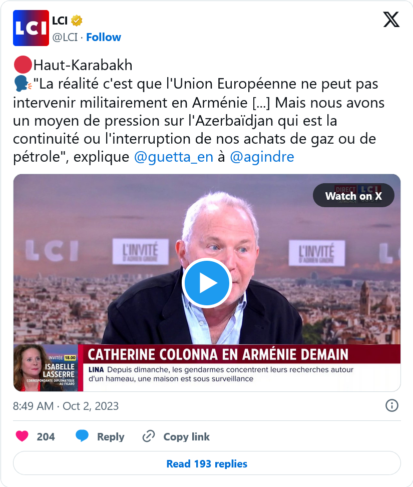Nous avons un moyen de pression sur l&rsquo;Azerbaïdjan qui est la continuité ou l&rsquo;interruption de nos achats de gaz ou de pétrole », explique @guetta_en  à @agindre