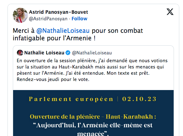 Merci à @NathalieLoiseau  pour son combat infatigable pour l’Armenie !