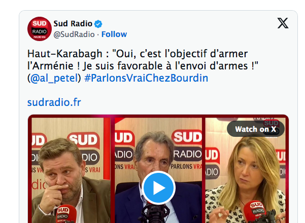 Haut-Karabagh : « Oui, c’est l’objectif d’armer l’Arménie ! Je suis favorable à l&rsquo;envoi d&rsquo;armes ! » (@al_petel ) #ParlonsVraiChezBourdin