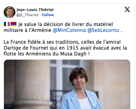 Je salue la décision de livrer du matériel militaire à l&rsquo;Arménie ⁦@MinColonna ⁩ ⁦@SebLecornu ⁩