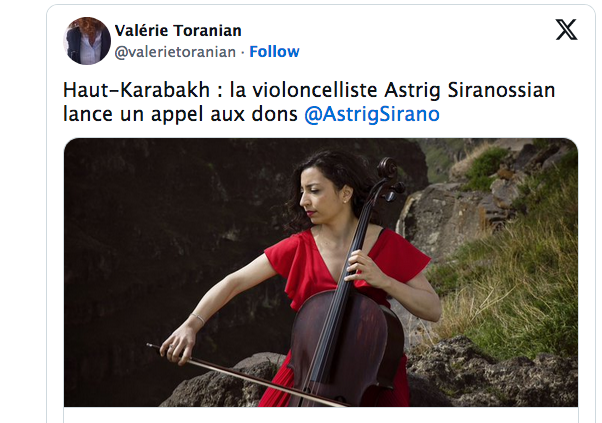 Haut-Karabakh : la violoncelliste Astrig Siranossian lance un appel aux dons ⁦@AstrigSirano ⁩