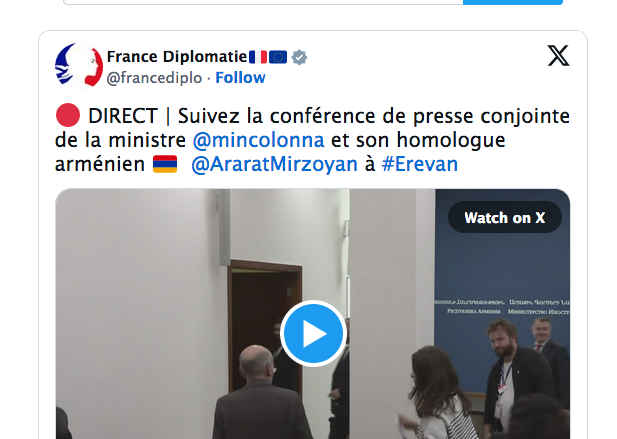 🔴 DIRECT | Suivez la conférence de presse conjointe de la ministre @mincolonna  et son homologue arménien 🇦🇲  @AraratMirzoyan  à #Erevan