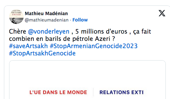 Chère @vonderleyen  , 5 millions d’euros , ça fait combien en barils de pétrole Azeri ?
