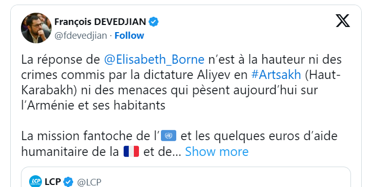 La réponse de  @Elisabeth_Borne  n’est à la hauteur ni des crimes commis par la dictature Aliyev en #Artsakh (Haut-Karabakh) ni des menaces qui pèsent aujourd’hui sur l’Arménie et ses habitants