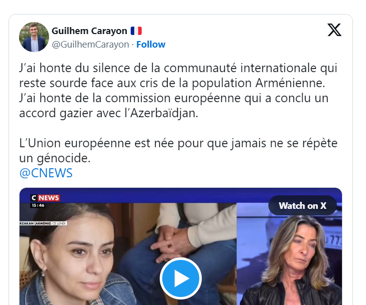 J’ai honte du silence de la communauté internationale qui reste sourde face aux cris de la population Arménienne.