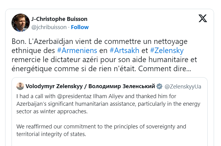 L&rsquo;Azerbaïdjan vient de commettre un nettoyage ethnique des #Armeniens en #Artsakh et #Zelensky remercie le dictateur azéri pour son aide humanitaire et énergétique
