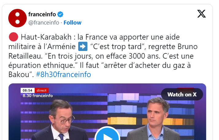 Haut-Karabakh : la France va apporter une aide militaire à l’Arménie ➡️ “C’est trop tard”, regrette Bruno Retailleau.