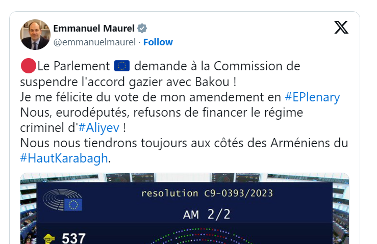 🔴Le Parlement 🇪🇺 demande à la Commission de suspendre l&rsquo;accord gazier avec Bakou !