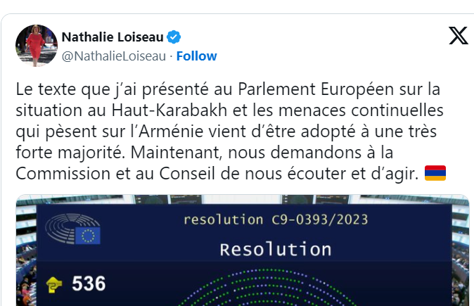 Le texte que j’ai présenté au Parlement Européen sur la situation au Haut-Karabakh et les menaces continuelles qui pèsent sur l’Arménie vient d’être adopté à une très forte majorité.