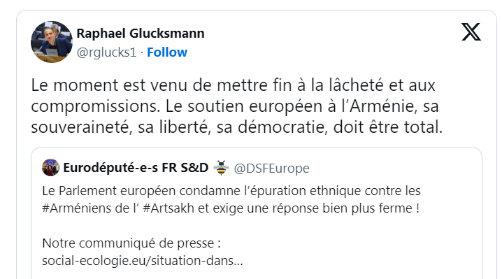 Le moment est venu de mettre fin à la lâcheté et aux compromissions. Le soutien européen à l’Arménie, sa souveraineté, sa liberté, sa démocratie, doit être total.