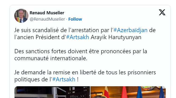 Je suis scandalisé de l’arrestation par l’#Azerbaïdjan de l’ancien Président d’#Artsakh Arayik Harutyunyan