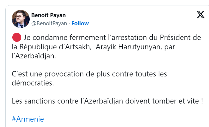Je condamne fermement l’arrestation du Président de la République d’Artsakh,  Arayik Harutyunyan, par l’Azerbaïdjan.