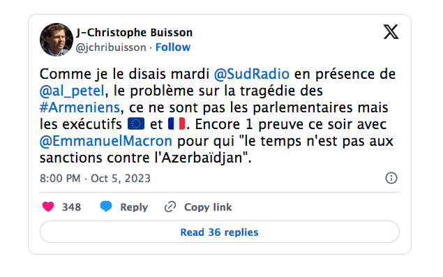 Comme je le disais mardi @SudRadio  en présence de @al_petel , le problème sur la tragédie des #Armeniens, ce ne sont pas les parlementaires mais les exécutifs