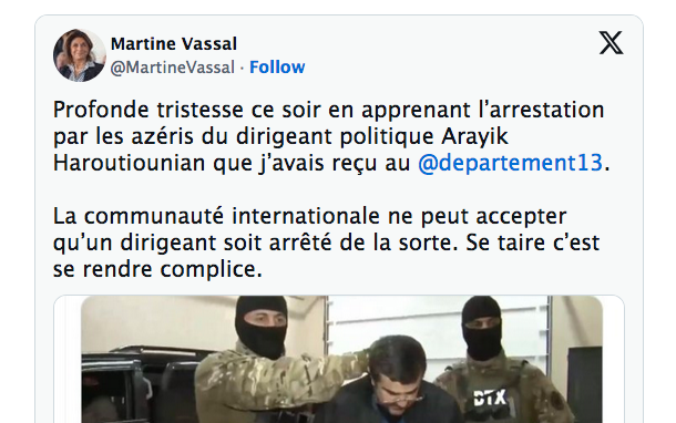 Profonde tristesse ce soir en apprenant l’arrestation par les azéris du dirigeant politique Arayik Haroutiounian