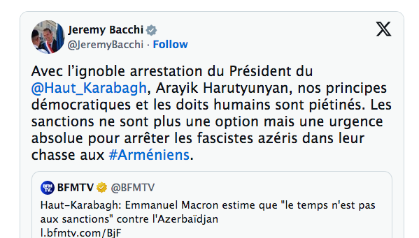 Avec l’ignoble arrestation du Président du @Haut_Karabagh , Arayik Harutyunyan, nos principes démocratiques et les doits humains sont piétinés.