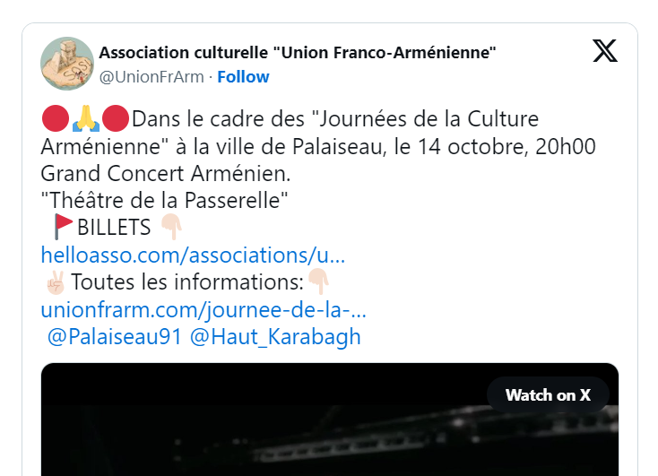 🔴🙏🔴Dans le cadre des « Journées de la Culture Arménienne » à la ville de Palaiseau, le 14 octobre, 20h00  Grand Concert Arménien.