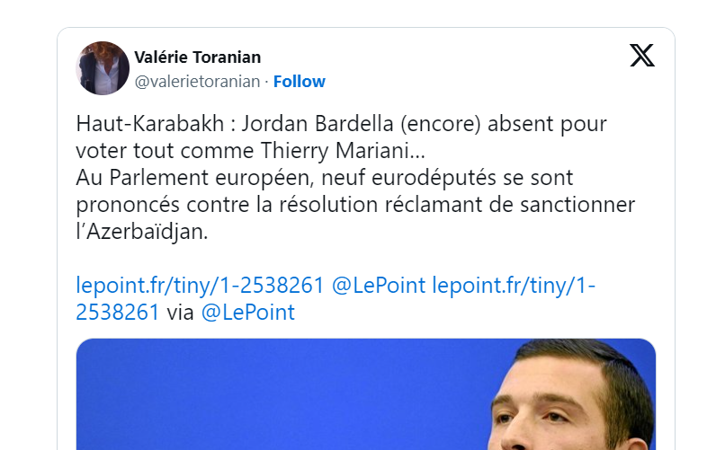 Haut-Karabakh : Jordan Bardella (encore) absent pour voter tout comme Thierry Mariani…
