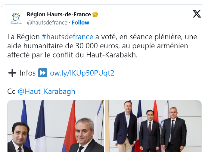 La Région #hautsdefrance a voté, en séance plénière, une aide humanitaire de 30 000 euros, au peuple arménien affecté par le conflit du Haut-Karabakh.
