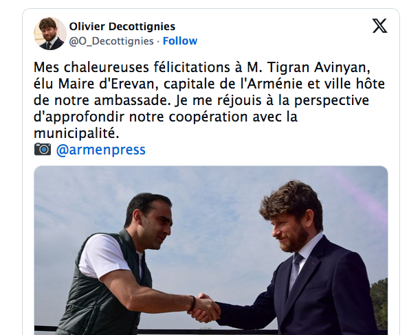 Mes chaleureuses félicitations à M. Tigran Avinyan, élu Maire d&rsquo;Erevan, capitale de l&rsquo;Arménie et ville hôte de notre ambassade