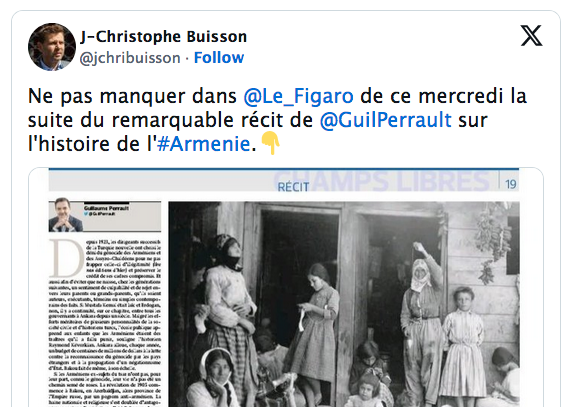 Ne pas manquer dans @Le_Figaro  de ce mercredi la suite du remarquable récit de @GuilPerrault  sur l&rsquo;histoire de l&rsquo;#Armenie.