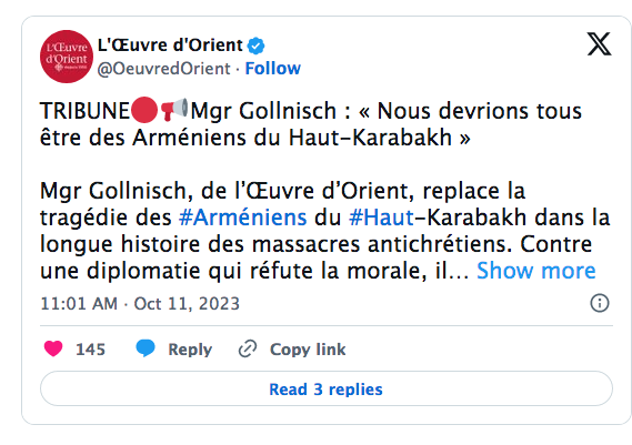 TRIBUNE🔴📢Mgr Gollnisch : « Nous devrions tous être des Arméniens du Haut-Karabakh »