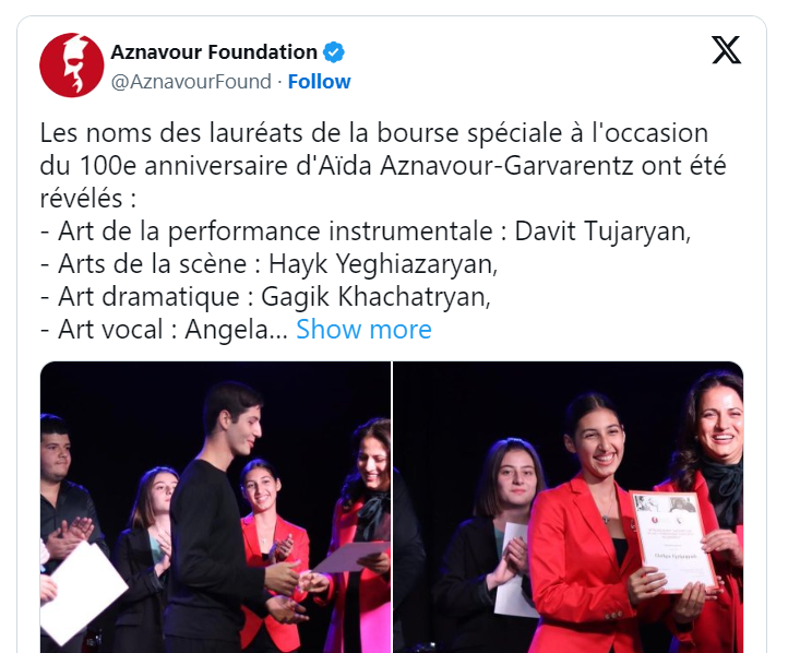Les noms des lauréats de la bourse spéciale à l&rsquo;occasion du 100e anniversaire d&rsquo;Aïda Aznavour-Garvarentz ont été révélés