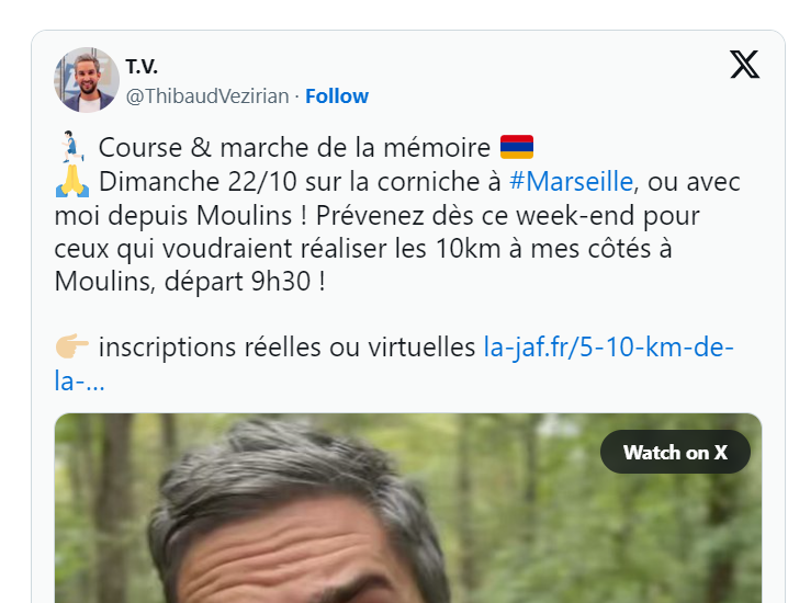 🏃🏻‍♂️ Course & marche de la mémoire 🇦🇲 🙏 Dimanche 22/10 sur la corniche à #Marseille, ou avec moi depuis Moulins !